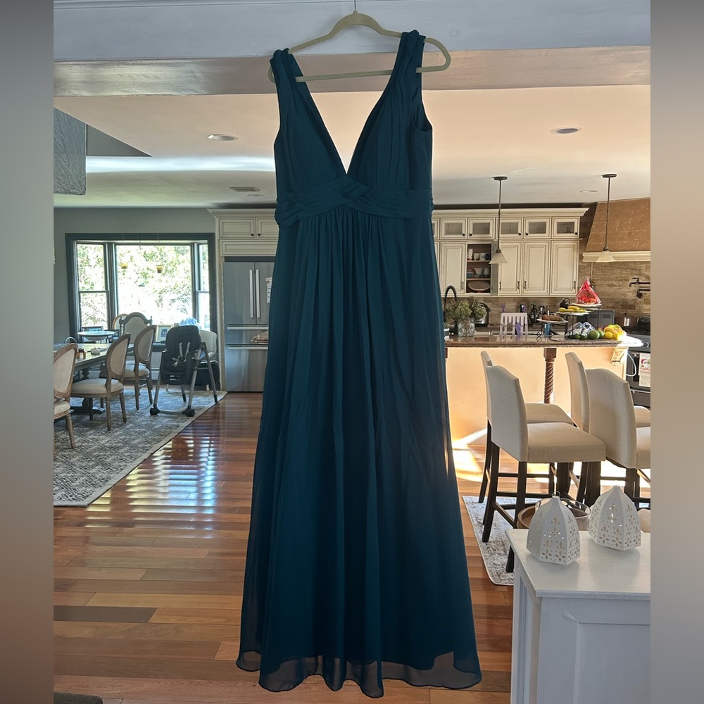 Azazie bridesmaids dress in the color peacock